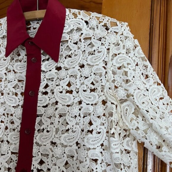 Bally Woman's White Long Sleeve Lace Shirt w/ Red Trim Size 10 Made In Italy - Picture 7 of 14